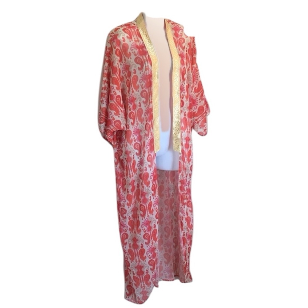 SUKI SO long duster caftan kimono boho, orange/tan, elaborate gold trim. OSFM
